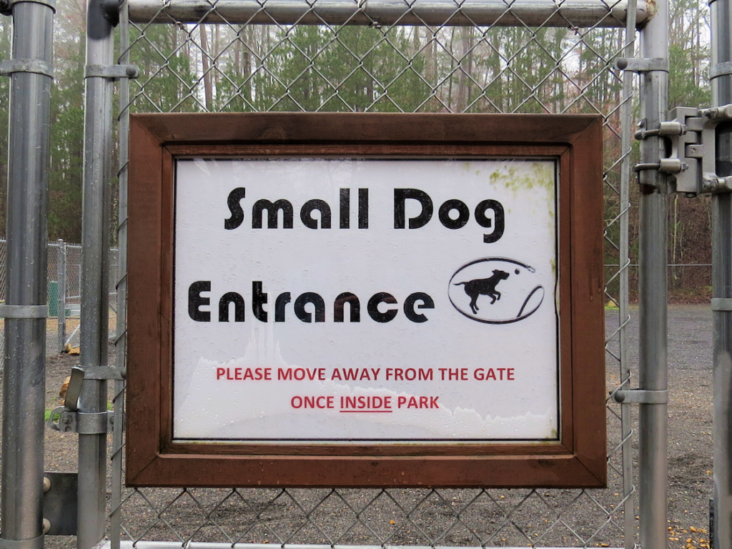 Sign at small dog entrance of HSV DeSoto Dog Park.