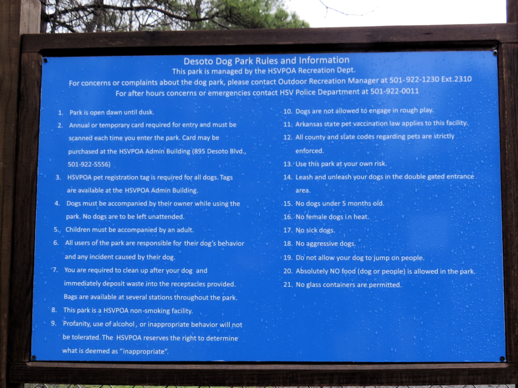 Sign of Hot Springs Village DeSoto Dog Park Rules