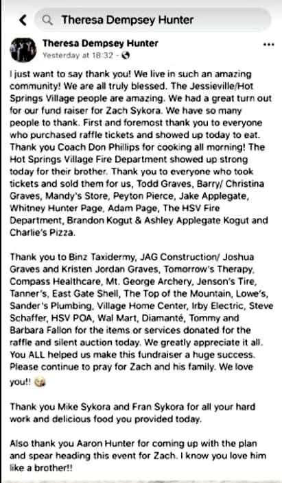 Teresa Hunter update on Zach Sykora fundraiser cookout and raffle