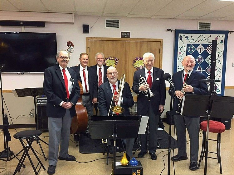 From left to right, Clyde Pound-keyboard, David Higginbotham- bass, C E Askew-drums, John Leisenring- trombone, Doc Ryan- trumpet, and Earl Hesse- sax